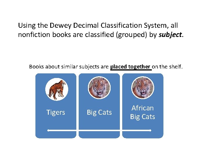 Using the Dewey Decimal Classification System, all nonfiction books are classified (grouped) by subject.