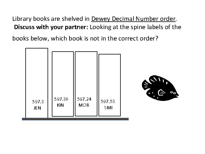 Library books are shelved in Dewey Decimal Number order. Discuss with your partner: Looking