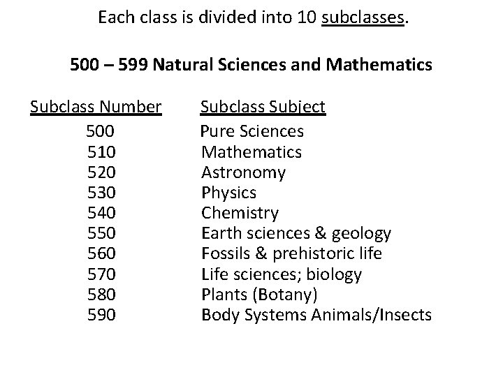 Each class is divided into 10 subclasses. 500 – 599 Natural Sciences and Mathematics