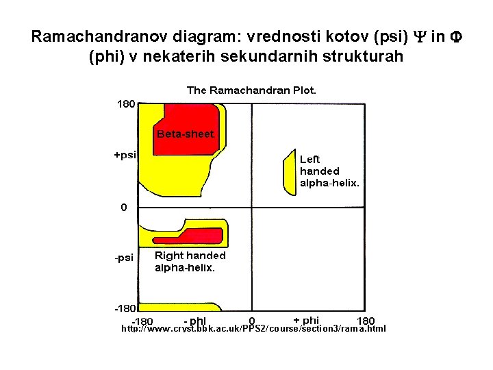 Ramachandranov diagram: vrednosti kotov (psi) in (phi) v nekaterih sekundarnih strukturah 