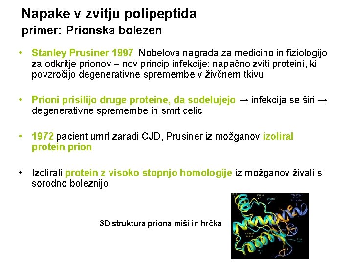 Napake v zvitju polipeptida primer: Prionska bolezen • Stanley Prusiner 1997 Nobelova nagrada za