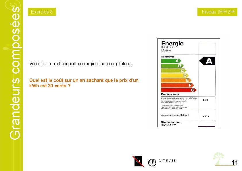 Grandeurs composées Exercice 8 Niveau 3ème/2 nde Voici ci-contre l’étiquette énergie d’un congélateur. Quel