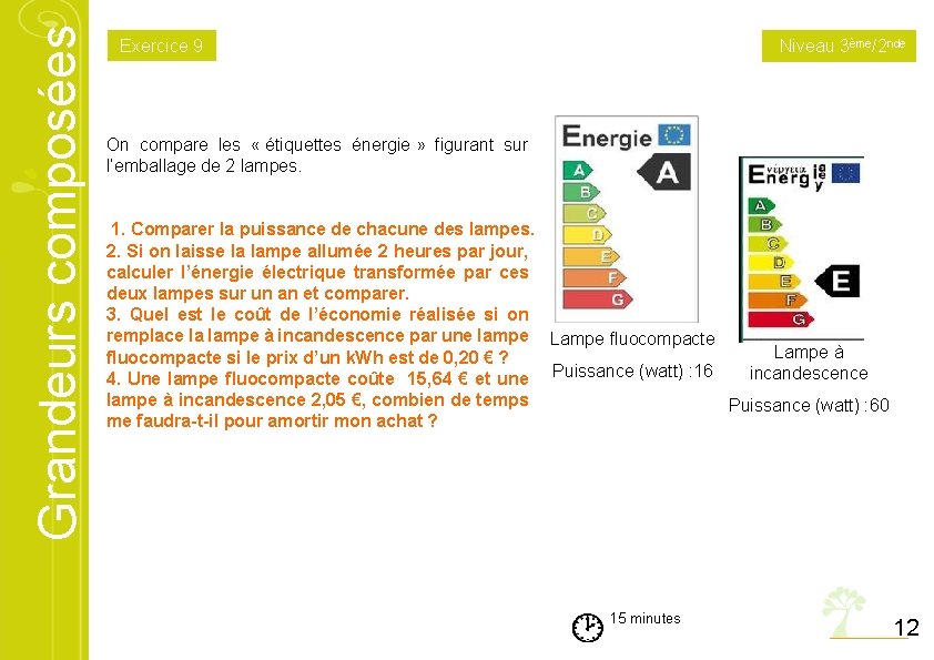 Grandeurs composées Exercice 9 Niveau 3ème/2 nde On compare les « étiquettes énergie »