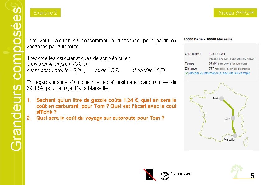 Grandeurs composées Exercice 2 Niveau 3ème/2 nde Tom veut calculer sa consommation d’essence pour