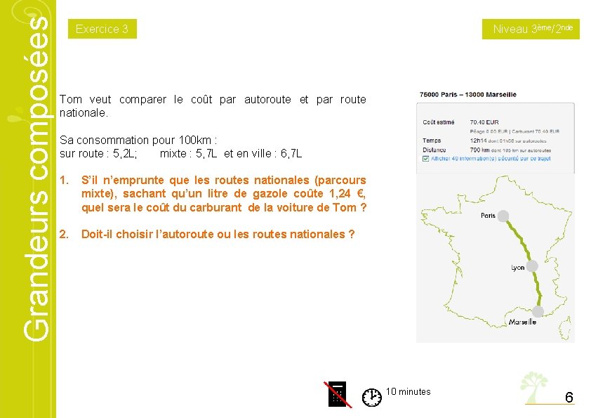 Grandeurs composées Exercice 3 Niveau 3ème/2 nde Tom veut comparer le coût par autoroute