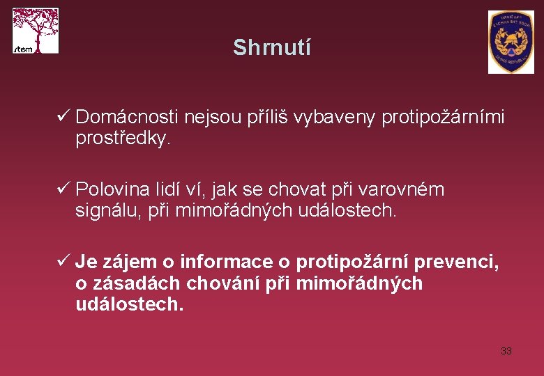 Shrnutí ü Domácnosti nejsou příliš vybaveny protipožárními prostředky. ü Polovina lidí ví, jak se