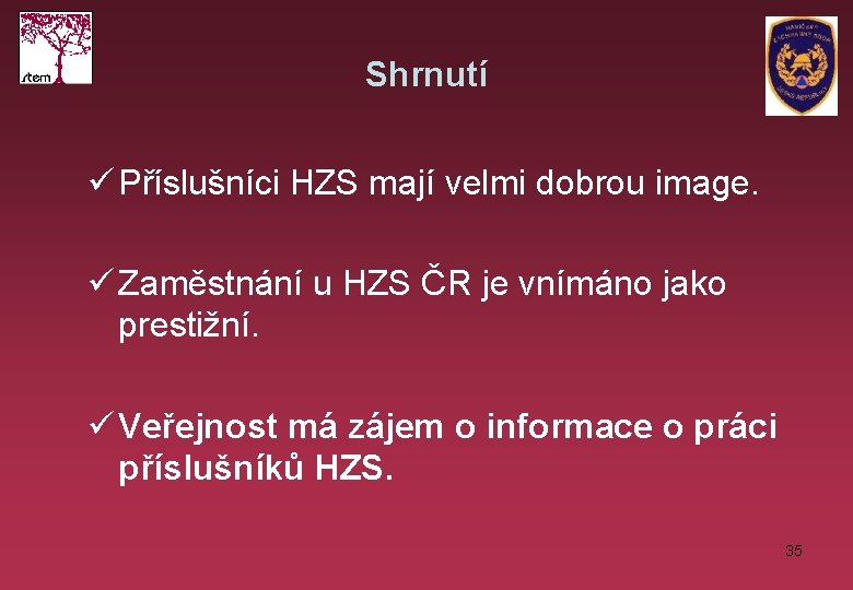 Shrnutí ü Příslušníci HZS mají velmi dobrou image. ü Zaměstnání u HZS ČR je