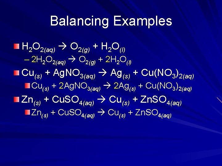Balancing Examples H 2 O 2(aq) O 2(g) + H 2 O(l) – 2