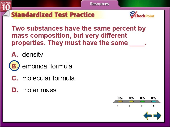 Two substances have the same percent by mass composition, but very different properties. They
