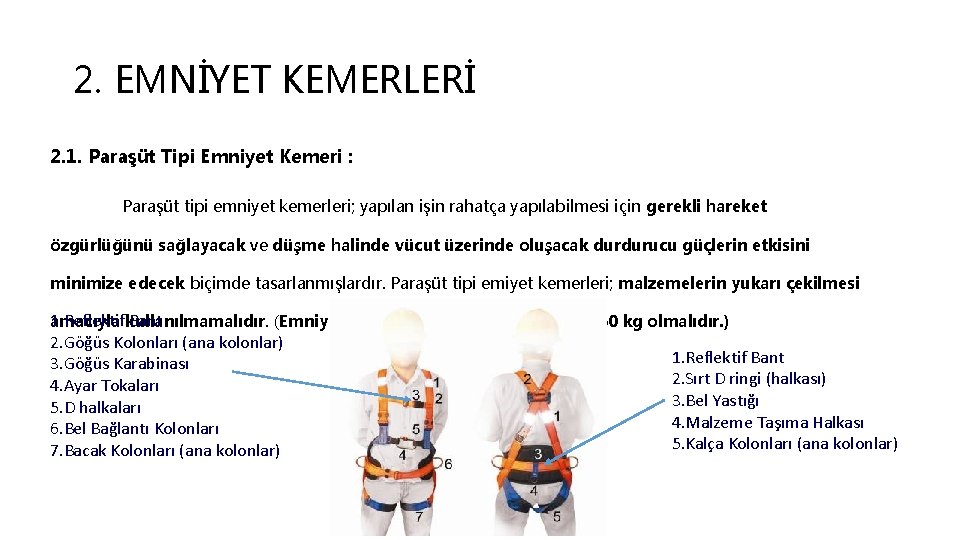 2. EMNİYET KEMERLERİ 2. 1. Paraşüt Tipi Emniyet Kemeri : Paraşüt tipi emniyet kemerleri;