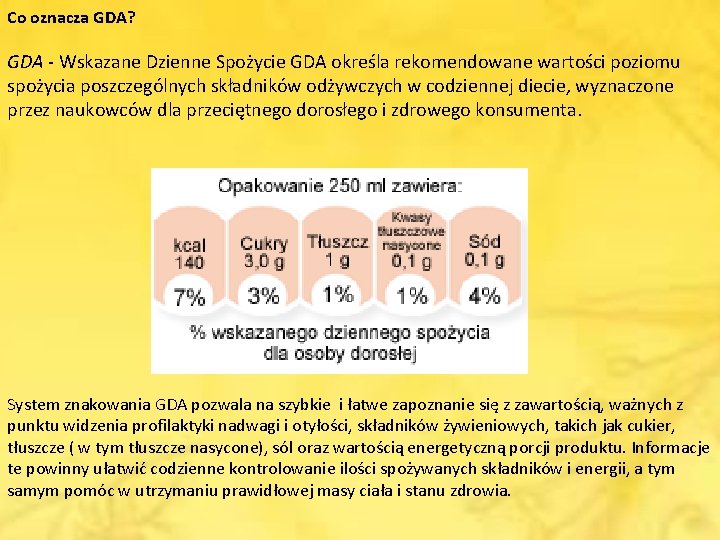 Co oznacza GDA? GDA - Wskazane Dzienne Spożycie GDA określa rekomendowane wartości poziomu spożycia