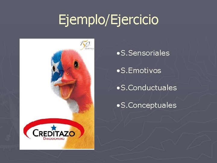 Ejemplo/Ejercicio • S. Sensoriales • S. Emotivos • S. Conductuales • S. Conceptuales 