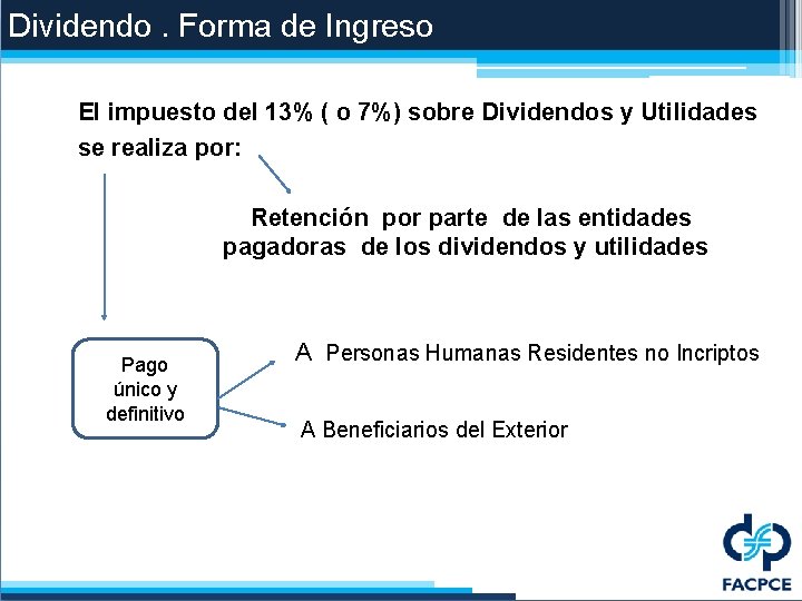 Dividendo. Forma de Ingreso El impuesto del 13% ( o 7%) sobre Dividendos y