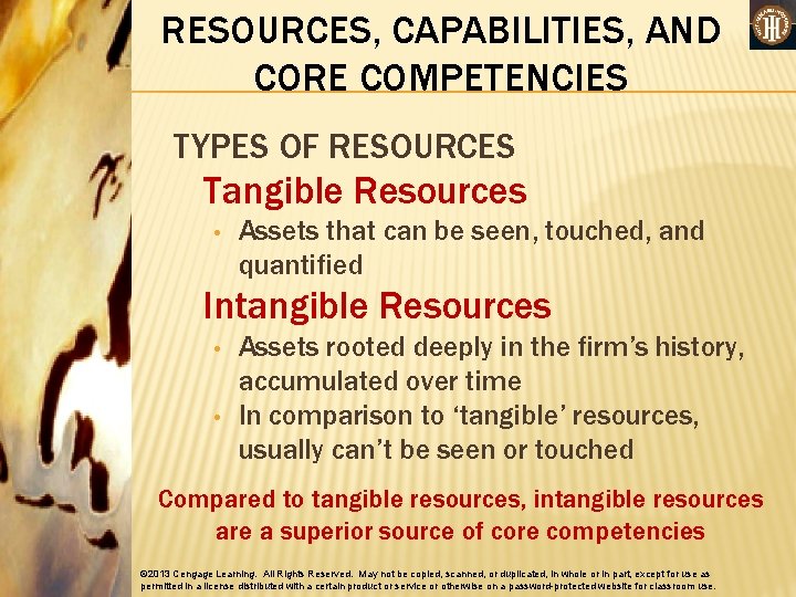 RESOURCES, CAPABILITIES, AND CORE COMPETENCIES TYPES OF RESOURCES Tangible Resources • Assets that can