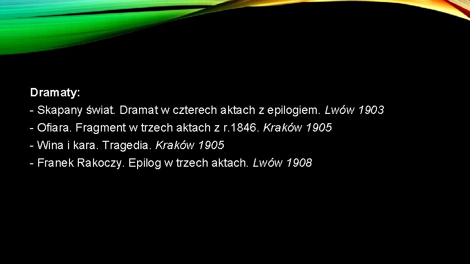 Dramaty: - Skapany świat. Dramat w czterech aktach z epilogiem. Lwów 1903 - Ofiara.