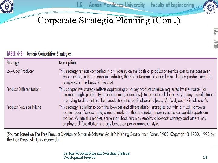 Corporate Strategic Planning (Cont. ) Lecture #3 Identifying and Selecting Systems Development Projects 24