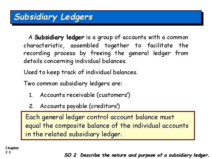 Subsidiary Ledgers A Subsidiary ledger is a group of accounts with a common characteristic,