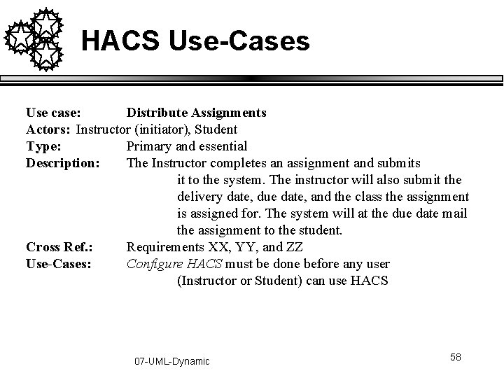 HACS Use-Cases Use case: Distribute Assignments Actors: Instructor (initiator), Student Type: Primary and essential HACS Use-Cases Use case: Distribute Assignments Actors: Instructor (initiator), Student Type: Primary and essential