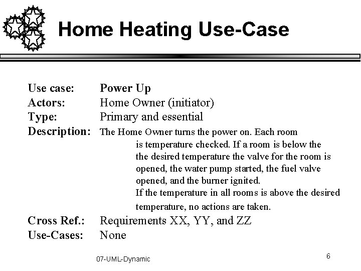 Home Heating Use-Case Use case: Actors: Type: Description: Power Up Home Owner (initiator) Primary Home Heating Use-Case Use case: Actors: Type: Description: Power Up Home Owner (initiator) Primary