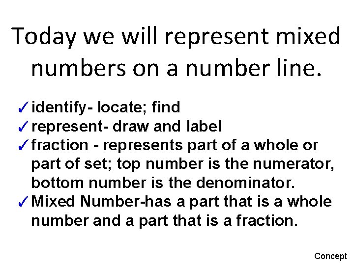 Today we will represent mixed numbers on a number line. ✓identify- locate; find ✓represent-
