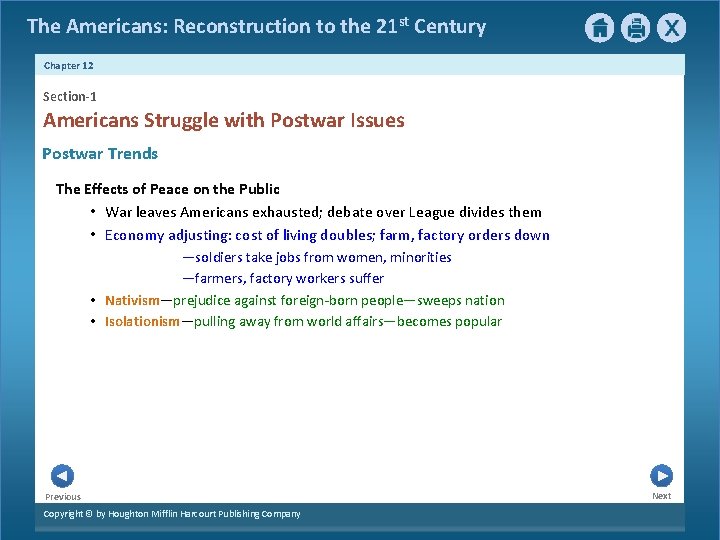 The Americans: Reconstruction to the 21 st Century Chapter 12 Section-1 Americans Struggle with