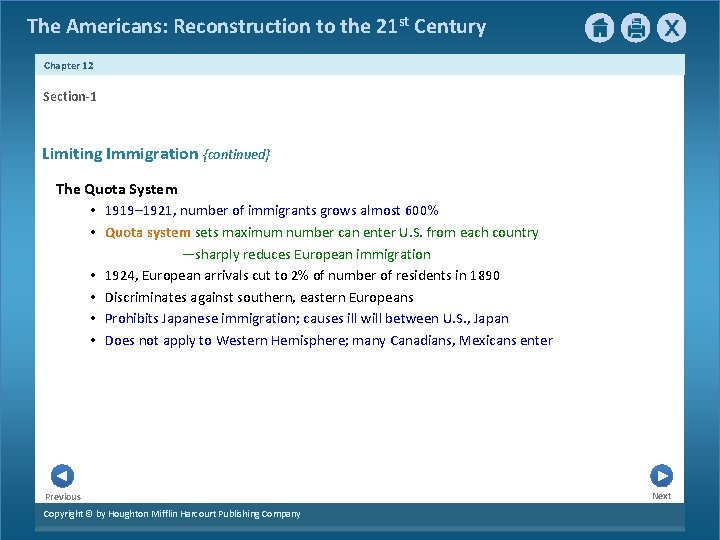 The Americans: Reconstruction to the 21 st Century Chapter 12 Section-1 Limiting Immigration {continued}