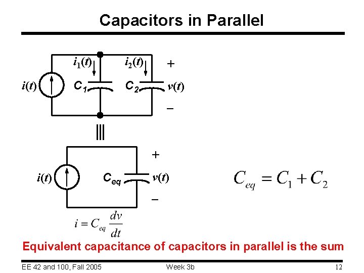 Capacitors in Parallel i(t) i 1(t) i 2(t) + C 1 C 2 v(t)