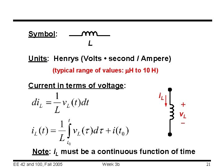 Symbol: L Units: Henrys (Volts • second / Ampere) (typical range of values: m.