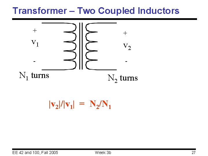 Transformer – Two Coupled Inductors + + v 1 v 2 - - N