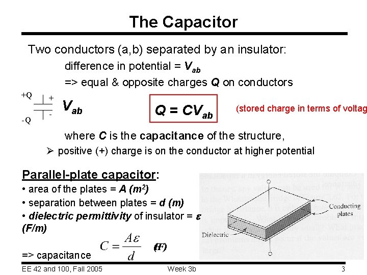 The Capacitor Two conductors (a, b) separated by an insulator: difference in potential =