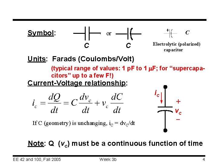 Symbol: C or C C Electrolytic (polarized) capacitor Units: Farads (Coulombs/Volt) (typical range of