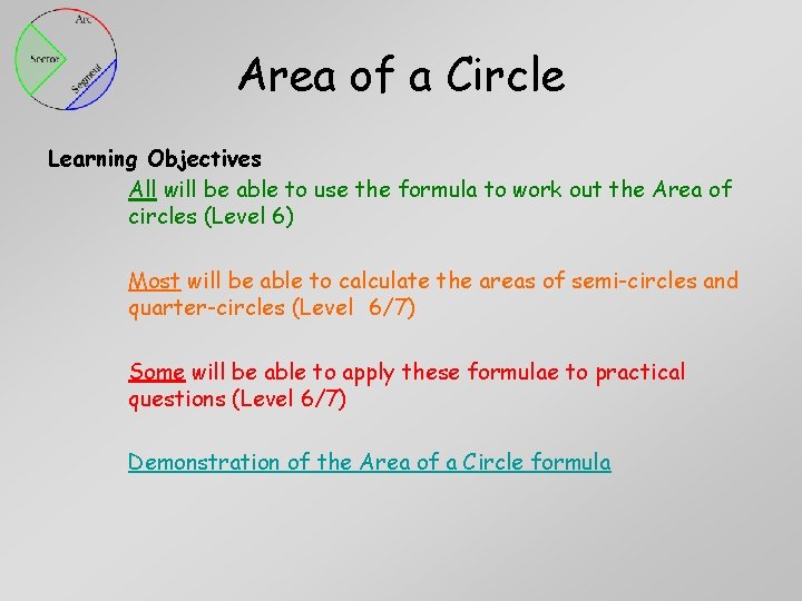 Area of a Circle Learning Objectives All will be able to use the formula Area of a Circle Learning Objectives All will be able to use the formula