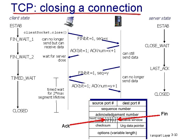 TCP: closing a connection client state server state ESTAB client. Socket. close() FIN_WAIT_1 FIN_WAIT_2 TCP: closing a connection client state server state ESTAB client. Socket. close() FIN_WAIT_1 FIN_WAIT_2