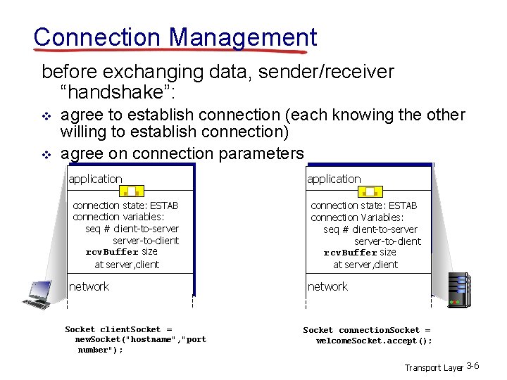 Connection Management before exchanging data, sender/receiver “handshake”: v v agree to establish connection (each Connection Management before exchanging data, sender/receiver “handshake”: v v agree to establish connection (each