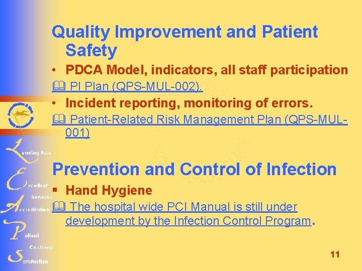 Quality Improvement and Patient Safety • PDCA Model, indicators, all staff participation PI Plan