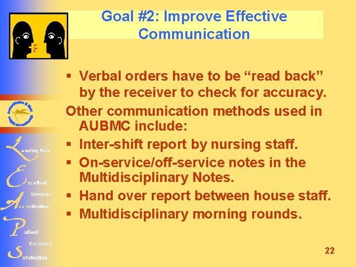 Goal #2: Improve Effective Communication § Verbal orders have to be “read back” by