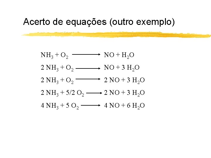 Acerto de equações (outro exemplo) NH 3 + O 2 NO + H 2