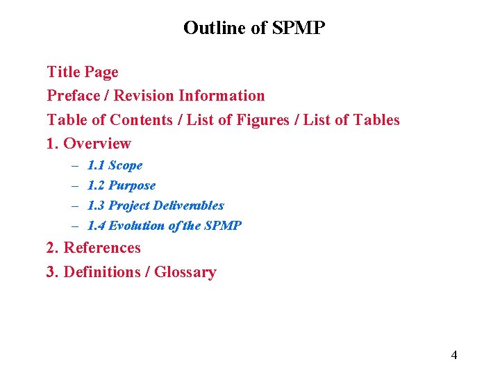 Outline of SPMP Title Page Preface / Revision Information Table of Contents / List