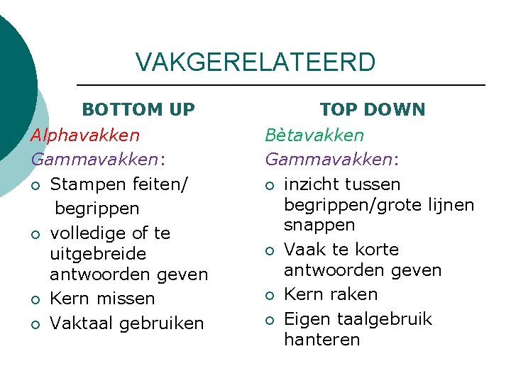 VAKGERELATEERD BOTTOM UP Alphavakken Gammavakken: ¡ Stampen feiten/ begrippen ¡ volledige of te uitgebreide