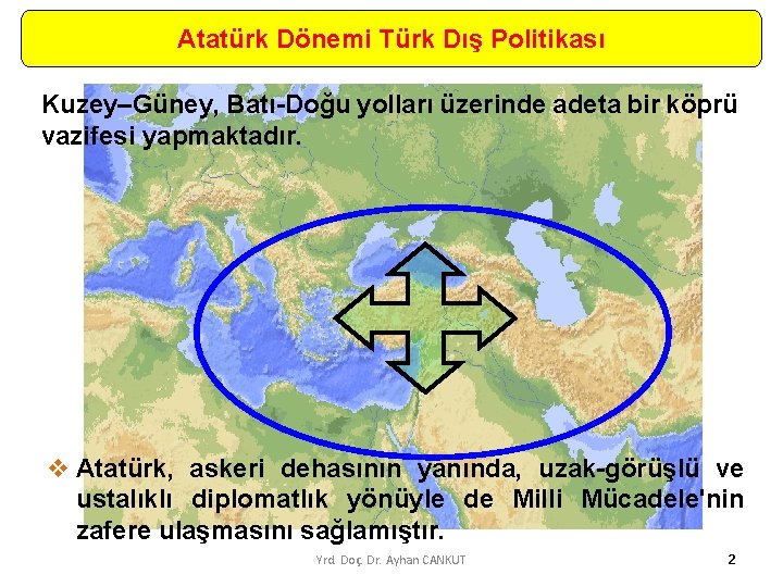 Atatürk Dönemi Türk Dış Politikası Kuzey–Güney, Batı-Doğu yolları üzerinde adeta bir köprü vazifesi yapmaktadır.