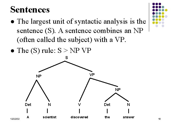 Sentences l l The largest unit of syntactic analysis is the sentence (S). A