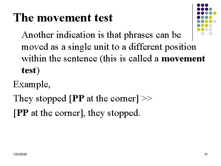 The movement test Another indication is that phrases can be moved as a single