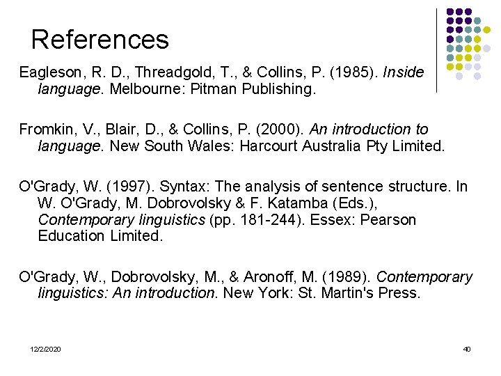 References Eagleson, R. D. , Threadgold, T. , & Collins, P. (1985). Inside language.