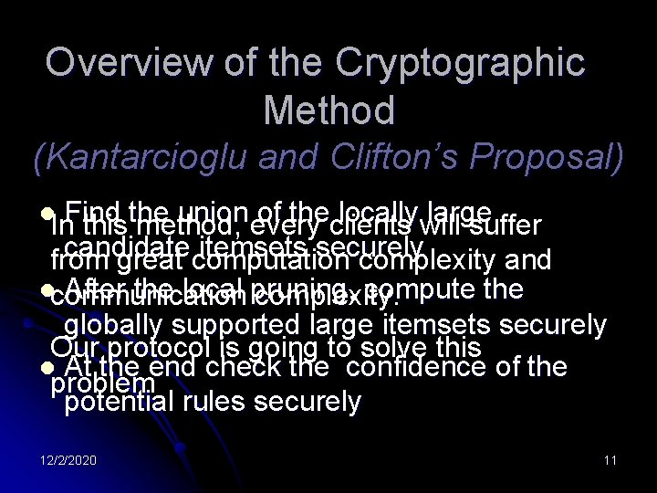 Overview of the Cryptographic　 Method (Kantarcioglu and Clifton’s Proposal) Find the union of the