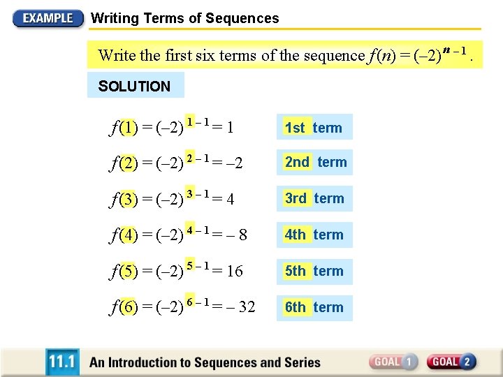 Writing Terms of Sequences Write the first six terms of the sequence f (n)