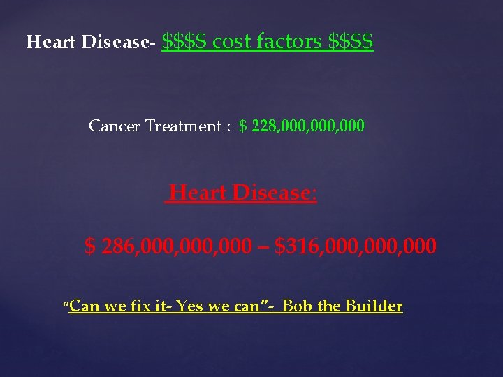 Heart Disease- $$$$ cost factors $$$$ Cancer Treatment : $ 228, 000, 000 Heart Heart Disease- $$$$ cost factors $$$$ Cancer Treatment : $ 228, 000, 000 Heart