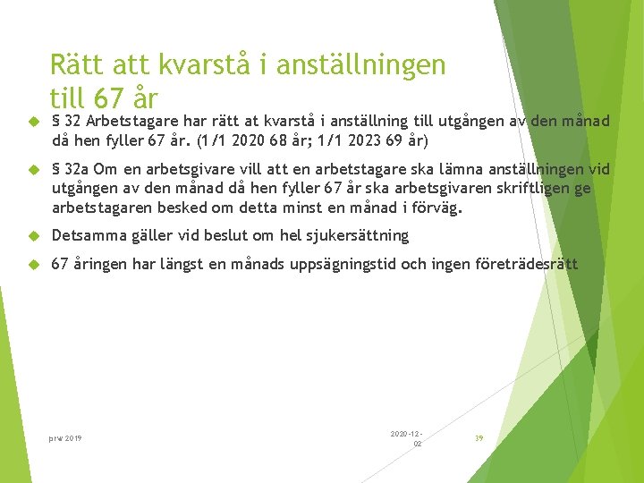  Rätt att kvarstå i anställningen till 67 år § 32 Arbetstagare har rätt