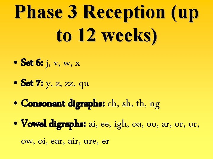 Phase 3 Reception (up to 12 weeks) • Set 6: j, v, w, x