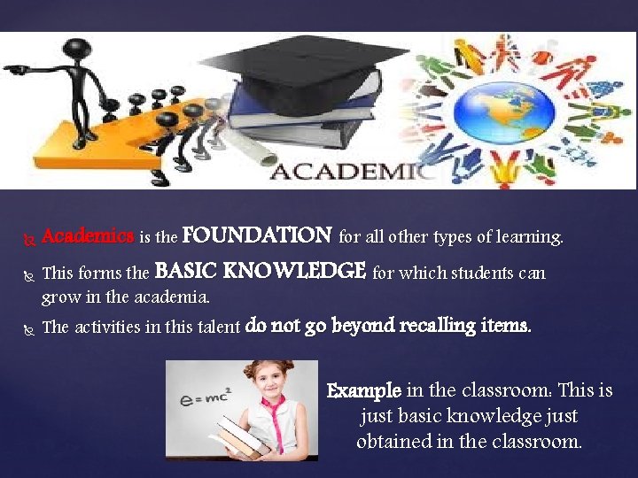  Academics is the FOUNDATION for all other types of learning. This forms the