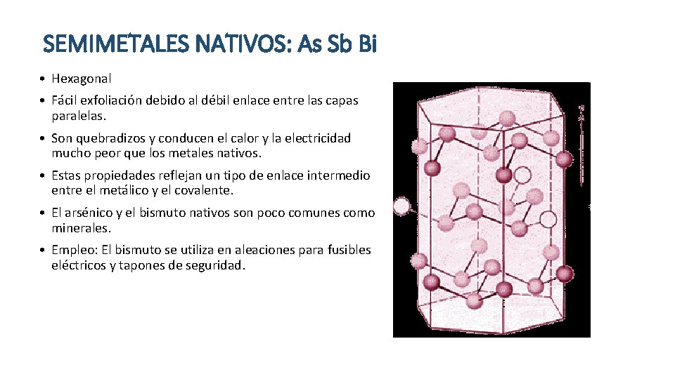 SEMIMETALES NATIVOS: As Sb Bi • Hexagonal • Fácil exfoliación debido al débil enlace